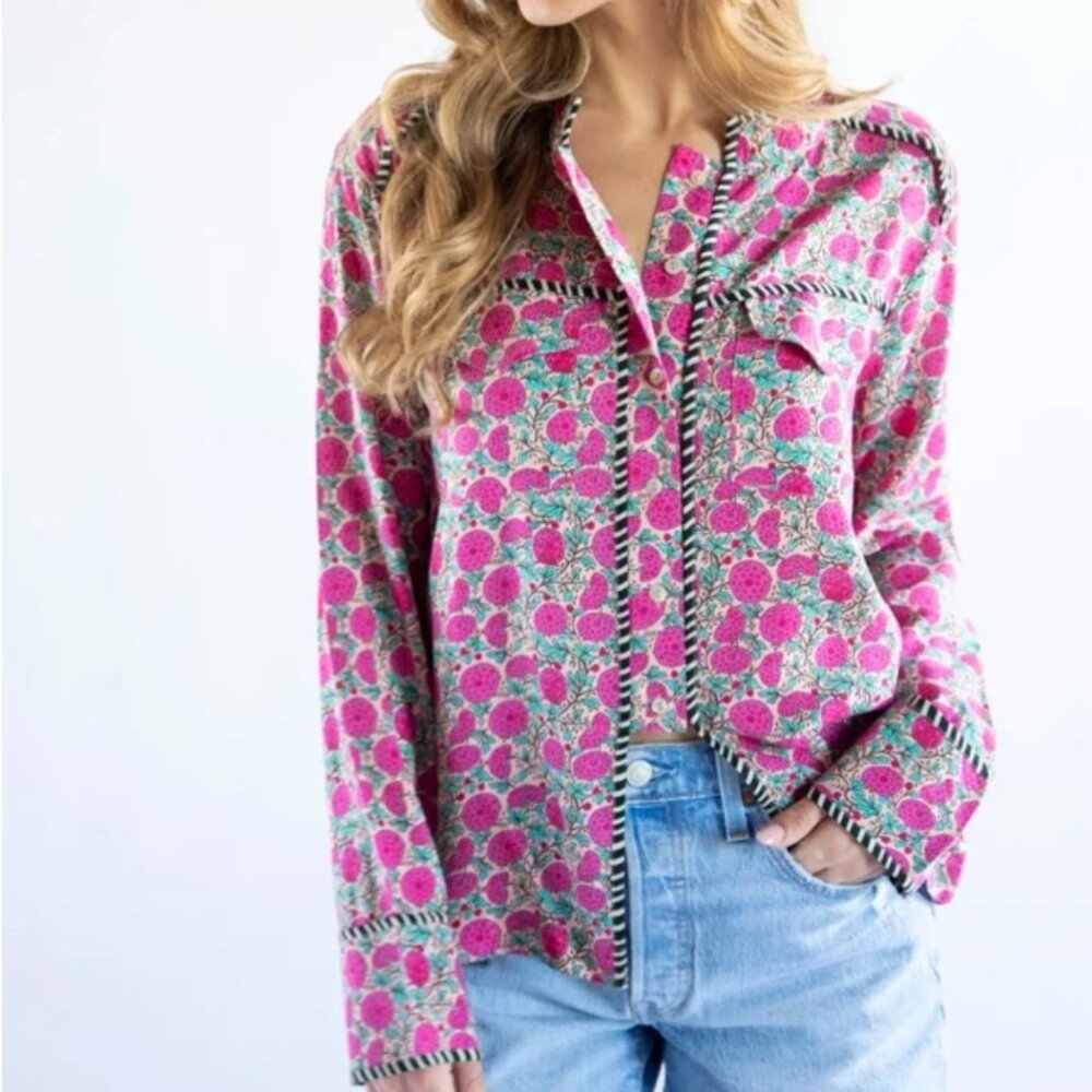 Natural Life Calypso Pink Floral Button Down Contrast Piping